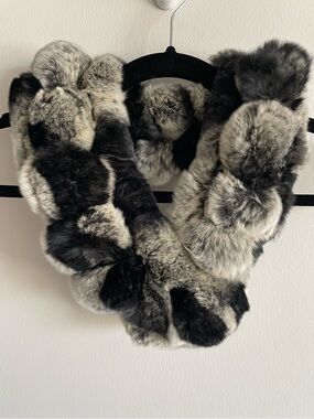 Genuine Rex Rabbit Fur Belle Fare Ladder Scarf Pom Pom Neck Warmer